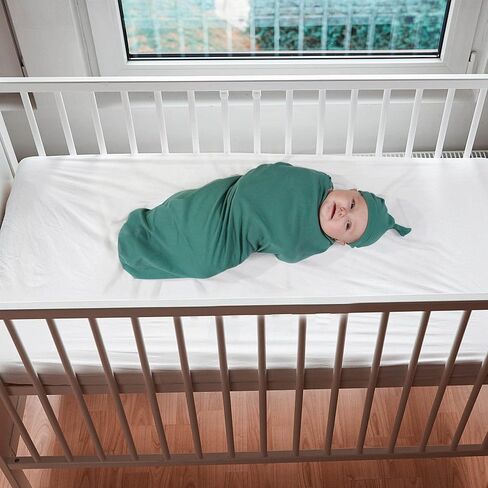 بطانية قماط للأطفال مع مجموعة عصابة رأس للقبعة، بطانيات قماط كبيرة قابلة للتمدد مقاس 47 بوصة × 47 بوصة، لف قماط قطني محبوك لحديثي الولادة، بطانية استقبال للأطفال للأولاد والبنات (أخضر) in Kuwait