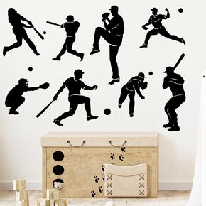 Removable Baseball Player Silhouette Wall Decals Base Ball Sports Wall Stickers Peel & Stick Kids Room Nursery Playroom Classroom Wall Decor