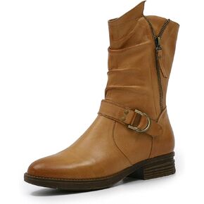Mona flying Women's Comfort Mid Calf Leather Booties Inside zip Fashion Round Toe Biker Boots Low Heel Dress Engineer Boots