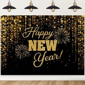 Mocsicka Happy New Year Backdrop Black Gold New Years Background 2025 New Year’s Eve Party Decorations Banner Photo Booth Props (7x5ft)