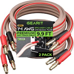 GearIT 14 AWG Speaker Cable Wire with Banana Plugs (2 Pack, 16.4 Feet - 5 Meter) 14Ga Gauge Banana Wire for Bi-Wire Bi-Amp HiFi Surround Sound - 99.9% OFC Copper, Gold Plated Tips - Black, 16.4 Ft
