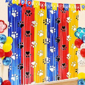 YIIHMEI Paw Birthday Decorations, Gold Red Blue Paw Birthday Decorations 3.3 x 6.6ft Tinsel Foil Fringe Curtains, Paw Birthday Backdrop, Paw Birthday Photo Booth Perfect for Kids-2 Peak