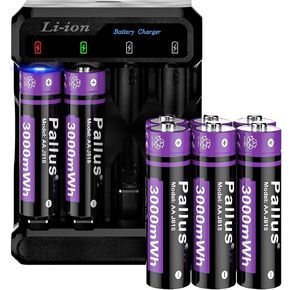 Pallus 1.5v Rechargeable Lithium AA Batteries with Charger - 8 Pack Long Lasting Double A Battery for Blink Camera, High Capacity AA Rechargeable Batteries, Cycles 1600x, Ideal for High-Drain Devices in Saudi Arabia
