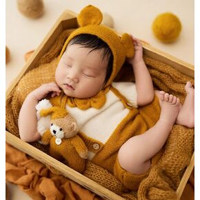 Newborn Photography Props for Posing Boy Newborn Photo Outfit for Photography, Crochet Knitted Bear Hat + Romper Bodysuit, Fits for 0-1 Month Baby Photoshoot Costume Set,(Camel+White)