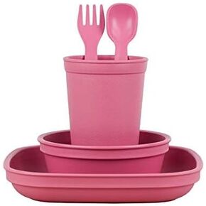 Re-Play Made in USA Toddler Dinnerware Set - 10 oz. Open Cup, 7" Flat Plate, 12 Oz. Bowl, Rounded Tip Fork and Deep Scoop Spoon - Dishwasher/Microwave Safe Plastic Dinnerware Set - Pink