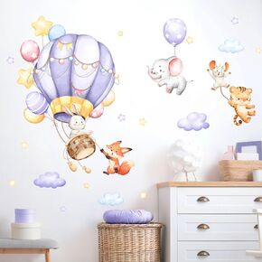 Hot Air Balloon Animals Wall Decals Girls Room Cartoon Rabbit Fox Elephant Tiger Wall Stickers Peel and Stick Baby Nursery Wall Art Decor for Kids Toddlers Bedroom Playroom Classroom Wall Decor