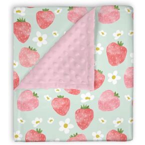 Mink Baby Girls Blanket Sweet Strawberry Floral, Watercolor Fruit Flower Soft Double Layer Dotted Backing Receiving Blankets, Pink Green Newborn Infant Toddler Nursery Crib Bedding 30" x 40"