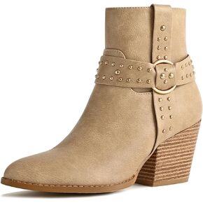 Chunky Stacked Heel Ankle Boots for Women Pointed Toe Chelsea Combat Boots Mid Calf Side Zipper Silver Studded Strap Heeled Booties Fall Dress Shoes