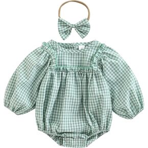 Infant Baby Girl Bubble Romper Boho Clothes Long Sleeve Cotton Smocked Jumpsuit Outfit with Headband