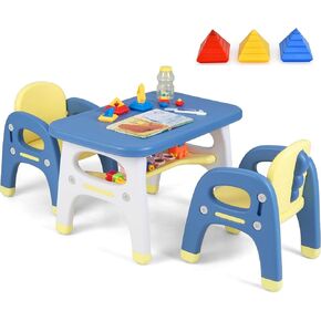 Costzon Kids Table and Chair Set w/Montessori Toys, Kids Activity Table w/Storage Shelf, Building Blocks, Cute Dinosaur Shape Chair, Easy to Clean, Preschool, Kindergarten (Table and 2 Chairs)