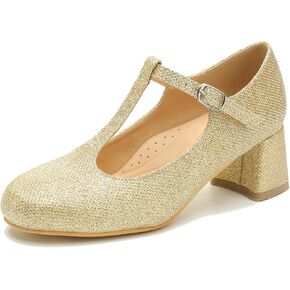 LIURUIJIA Women's T-Strap Low Chunky Heels Mary Jane Pumps Round Closed Toe Comfy Dress Shoes for Women