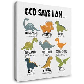 Ryeolo Kids Dinosaur Canvas Prints Wall Art - Animal Prints Wall Art, Safari Nursery Decor, Baby Girl Boy Nursery Wall Decor, God Says I Am Dinosaur Wall Art for Kids Living Room 12x16 Inches