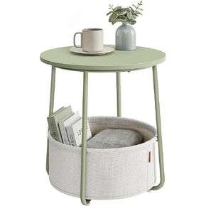 VASAGLE End Table, Small Bedside Table with Fabric Basket, Modern Nightstand, Round Side Table, for Living Room, Bedroom, Matte White and Camel Brown ULET223W10