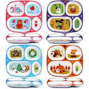 4 Pcs Christmas Melamine Dinnerware Divided Plates for Kids Boys Girls Novelty Santa Pumpkins Witches Bear Sectional Holiday Dinner Plates Christmas Dishes for Toddlers