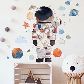 Astronaut Wall Stickers with Planets Clouds Stars Nursery Wall Decals for Kid Boy Baby Removable Peel and Stick Wall Art Home Decor Decoration for Classroom Preschool Living Room Bedroom