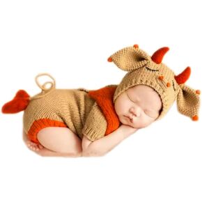 Newborn Photography Props Outfits Crochet Cute Cow Hat Shorts Infant Baby Boy Girl Photoshoot Costume
