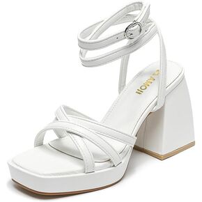 صنادل نسائية من Amoji بكعب سميك وكعب سميك صنادل أنيقة بكعب سميك وكعب سميك وحفلات الزفاف 305 مقاس أبيض 7.5 للسيدات in Kuwait