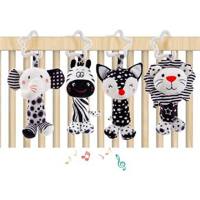 Baby Toys for 0-36 Months, Car Seats Stroller Toys with Wind Chime, Animal Plush Hanging Rattle Toy for Newborn, Gift for Infants, 4 Pack