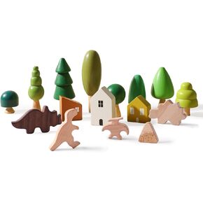 16 Pcs Wooden Stacking Blocks for Toddlers, Wooden Montessori House & Dinosaur Toys, Various Sizes Learning Educational Mini Trees, Forest Tree Ornaments Toys Set for Craft & Home Decor Accessories