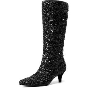 GOSERCE Sparkly Black Knee High Boots for Women Low Heel Kitten Heels Sequins Pointed Toe Bling Fashion Womens Booties Zipper Sexy Short Glitter Boot Ladies Shoes Wedding Party Dance