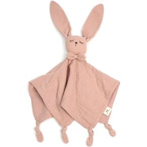Organic Cotton Muslin Bunny Loveys for Babies Baby Security Blanket Baby Snuggle Toy Newborn Essentials Must Haves(Rabbit-Pink)
