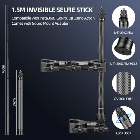 Motorcycle Bike Handlebar Clamp Mount & 60" Invisible Selfie Stick Compatible with Insta360 X4 X3 X2 X ONE RS R GO 3 Camera, Heavy Duty Motorcycle Mount kit Carbon Fiber Selfie Stick 1.5m (CM-DS) in Saudi Arabia