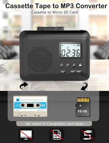 محول مسجل كاسيت محمول من جراسيوسو، كاسيت الى MP3 عبر بطاقة SD، مشغل شريط كاسيت ووكمان مع بطارية قابلة لاعادة الشحن 1000mAh، ميكروفون مدمج ومكبر صوت، مقبس سماعة رأس، بطاقة SD 16GB in Kuwait