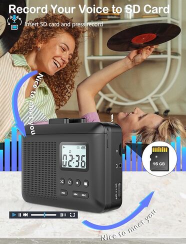 محول مسجل كاسيت محمول من جراسيوسو، كاسيت الى MP3 عبر بطاقة SD، مشغل شريط كاسيت ووكمان مع بطارية قابلة لاعادة الشحن 1000mAh، ميكروفون مدمج ومكبر صوت، مقبس سماعة رأس، بطاقة SD 16GB in Kuwait