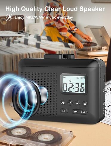محول مسجل كاسيت محمول من جراسيوسو، كاسيت الى MP3 عبر بطاقة SD، مشغل شريط كاسيت ووكمان مع بطارية قابلة لاعادة الشحن 1000mAh، ميكروفون مدمج ومكبر صوت، مقبس سماعة رأس، بطاقة SD 16GB in Kuwait