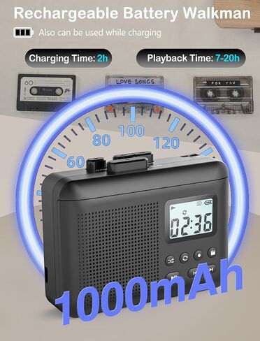 محول مسجل كاسيت محمول من جراسيوسو، كاسيت الى MP3 عبر بطاقة SD، مشغل شريط كاسيت ووكمان مع بطارية قابلة لاعادة الشحن 1000mAh، ميكروفون مدمج ومكبر صوت، مقبس سماعة رأس، بطاقة SD 16GB in Kuwait