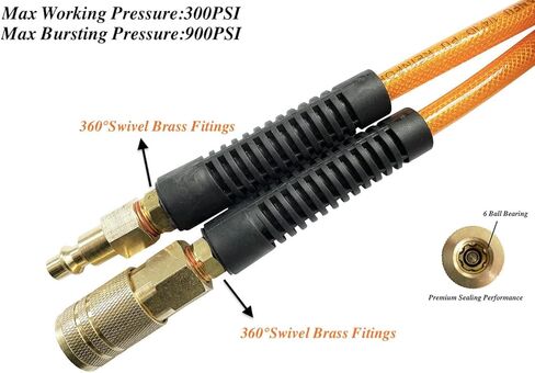 (PU) الارتداد المقوى بالبولي يوريثين 1/4 بوصة معرف (6.3 × 9.8 مم) × 10 قدم، خرطوم هواء 300 رطل لكل بوصة مربعة مع قارنة توصيل سريعة من النحاس الصلب دوارة 1/4 بوصة وقابس، برتقالي (10 بوصات) in Kuwait