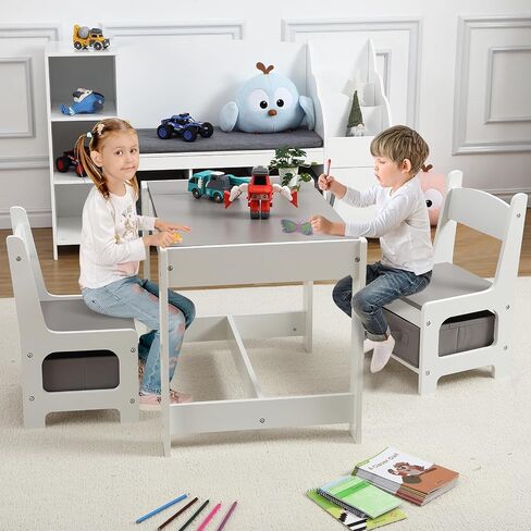 Kids Table and Chair Set, 4 in 1 Children Activity Table w/Storage, Removable Tabletop, Blackboard, 3-Piece Toddler Furniture Set for Art, Crafts, Drawing, Reading, Playroom in Saudi Arabia