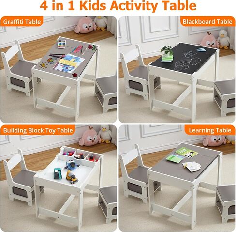 Kids Table and Chair Set, 4 in 1 Children Activity Table w/Storage, Removable Tabletop, Blackboard, 3-Piece Toddler Furniture Set for Art, Crafts, Drawing, Reading, Playroom in Saudi Arabia