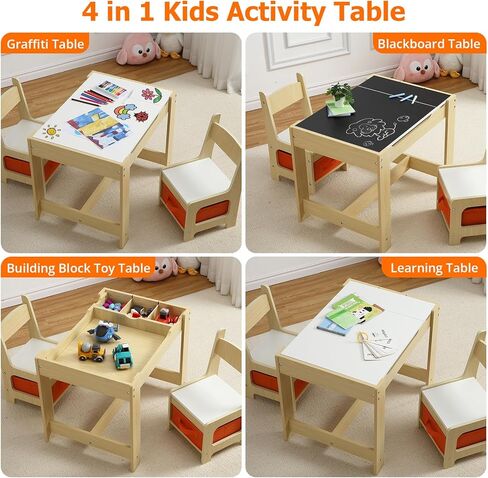مجموعة طاولة وكرسي للأطفال، طاولة أنشطة 4 في 1 للأطفال مع مساحة تخزين، سطح طاولة قابل للإزالة، سبورة سوداء، مجموعة أثاث للأطفال الصغار مكونة من 3 قطع للفنون والحرف اليدوية والرسم والقراءة وغرفة اللعب in Kuwait