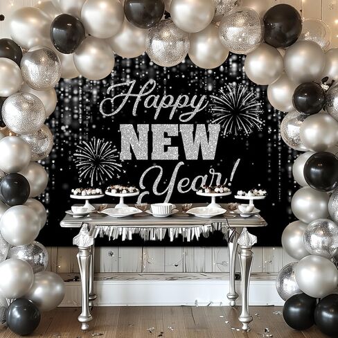 Mocsicka Happy New Year Backdrop Black Gold New Years Background 2025 New Year’s Eve Party Decorations Banner Photo Booth Props (7x5ft) in Saudi Arabia