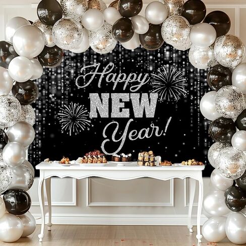 Mocsicka Happy New Year Backdrop Black Gold New Years Background 2025 New Year’s Eve Party Decorations Banner Photo Booth Props (7x5ft) in Saudi Arabia