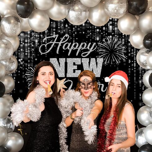 Mocsicka Happy New Year Backdrop Black Gold New Years Background 2025 New Year’s Eve Party Decorations Banner Photo Booth Props (7x5ft) in Saudi Arabia