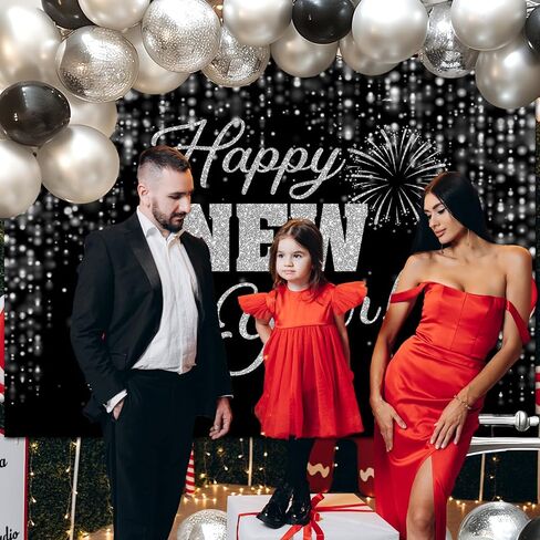 Mocsicka Happy New Year Backdrop Black Gold New Years Background 2025 New Year’s Eve Party Decorations Banner Photo Booth Props (7x5ft) in Saudi Arabia