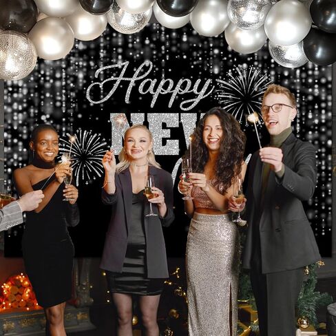 Mocsicka Happy New Year Backdrop Black Gold New Years Background 2025 New Year’s Eve Party Decorations Banner Photo Booth Props (7x5ft) in Saudi Arabia