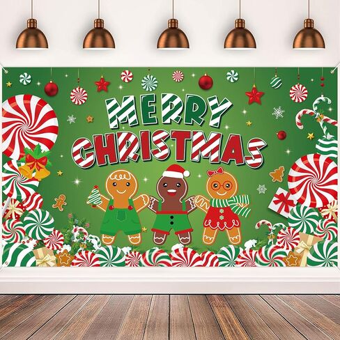 Christmas Backdrop, 72.8" X 43.3" Candy Cane Gingerbread Man Merry Christmas Banner Christmas Photo Backdrop Xmas Photography Background Photo Props for Winter New Year Christmas Party Decor in Saudi Arabia