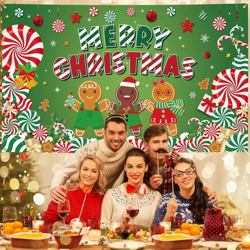 Christmas Backdrop, 72.8" X 43.3" Candy Cane Gingerbread Man Merry Christmas Banner Christmas Photo Backdrop Xmas Photography Background Photo Props for Winter New Year Christmas Party Decor in Saudi Arabia