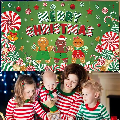 Christmas Backdrop, 72.8" X 43.3" Candy Cane Gingerbread Man Merry Christmas Banner Christmas Photo Backdrop Xmas Photography Background Photo Props for Winter New Year Christmas Party Decor in Saudi Arabia