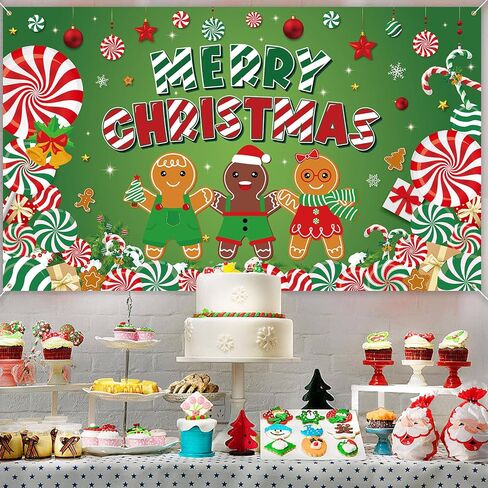 Christmas Backdrop, 72.8" X 43.3" Candy Cane Gingerbread Man Merry Christmas Banner Christmas Photo Backdrop Xmas Photography Background Photo Props for Winter New Year Christmas Party Decor in Saudi Arabia