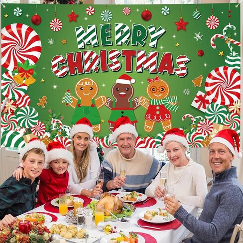 Christmas Backdrop, 72.8" X 43.3" Candy Cane Gingerbread Man Merry Christmas Banner Christmas Photo Backdrop Xmas Photography Background Photo Props for Winter New Year Christmas Party Decor in Saudi Arabia