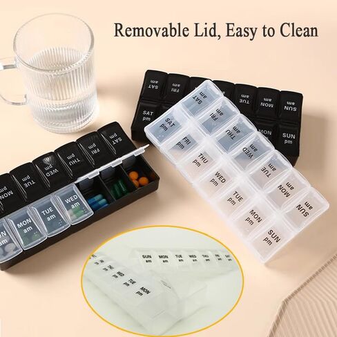 Large Pill Organizer, Weekly Portable Pill Dispenser Reminder, Travel Daily Pill Case Box Holder, Medication Planner for Vitamin, Medicine, Fish Oil, Supplements, 14 Compartment, Transparent in Kuwait
