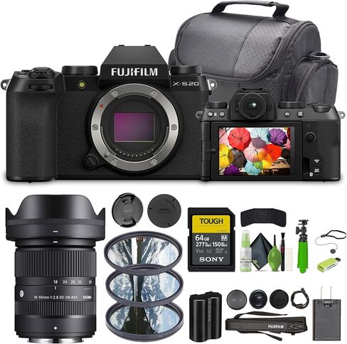 هيكل كاميرا Fujifilm X-S20 احترافية رقمية مدمجة بدون مرآة، أسود، حزمة مع عدسة سيجما 18-50 مم f/2.8 DC المعاصرة Fuji X + بطاقة ذاكرة 64 جيجابايت + حامل ثلاثي القوائم + مجموعة تنظيف + ملحقات in Saudi Arabia
