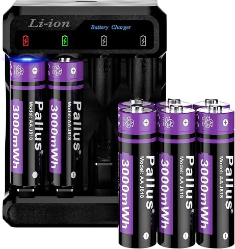 Pallus 1.5v Rechargeable Lithium AA Batteries with Charger - 8 Pack Long Lasting Double A Battery for Blink Camera, High Capacity AA Rechargeable Batteries, Cycles 1600x, Ideal for High-Drain Devices in Saudi Arabia