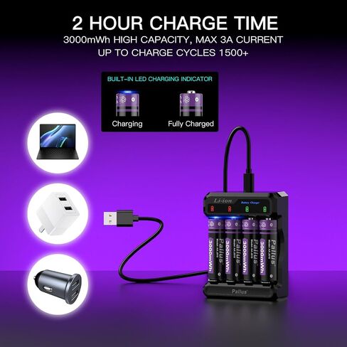 Pallus 1.5v Rechargeable Lithium AA Batteries with Charger - 8 Pack Long Lasting Double A Battery for Blink Camera, High Capacity AA Rechargeable Batteries, Cycles 1600x, Ideal for High-Drain Devices in Saudi Arabia