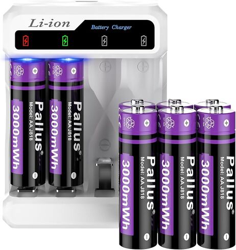 Pallus 1.5v Rechargeable Lithium AA Batteries with Charger - 8 Pack Long Lasting Double A Battery for Blink Camera, High Capacity AA Rechargeable Batteries, Cycles 1600x, Ideal for High-Drain Devices in Saudi Arabia