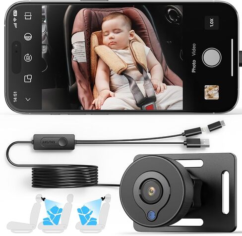 كاميرا سيارة للأطفال من HNSEM لهواتف iPhone - توصيل وتشغيل USB يدور 360 درجة، سهلة التركيب لمدة 3 دقائق بدقة 1080 بكسل لكاميرا السيارة الخلفية للطفل| جهاز مراقبة الطفل بالسيارة مع رؤية ليلية، تسجيل فيديو، زاوية رؤية واسعة 150 درجة in Saudi Arabia